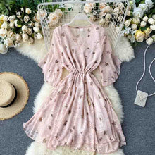 Load image into Gallery viewer, YuooMuoo New Fashion Summer Print Floral Chiffon Dress Women V-neck Flare Sleeve Bohemian Dress Short Beach Wrap Short Dress