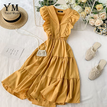 Load image into Gallery viewer, YuooMuoo V Neck Summer Ruffled Women Dress Ladies Sleeveless Button Romantic Party Dress 2020 New Ins Fashion Women Midi Dress
