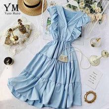 Load image into Gallery viewer, YuooMuoo V Neck Summer Ruffled Women Dress Ladies Sleeveless Button Romantic Party Dress 2020 New Ins Fashion Women Midi Dress