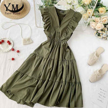 Load image into Gallery viewer, YuooMuoo V Neck Summer Ruffled Women Dress Ladies Sleeveless Button Romantic Party Dress 2020 New Ins Fashion Women Midi Dress
