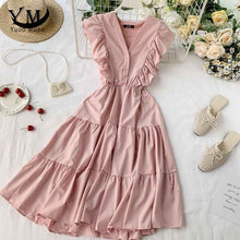 Load image into Gallery viewer, YuooMuoo V Neck Summer Ruffled Women Dress Ladies Sleeveless Button Romantic Party Dress 2020 New Ins Fashion Women Midi Dress