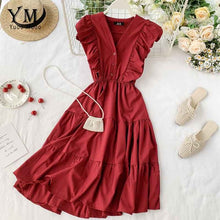 Load image into Gallery viewer, YuooMuoo V Neck Summer Ruffled Women Dress Ladies Sleeveless Button Romantic Party Dress 2020 New Ins Fashion Women Midi Dress
