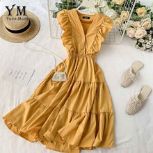 Load image into Gallery viewer, YuooMuoo V Neck Summer Ruffled Women Dress Ladies Sleeveless Button Romantic Party Dress 2020 New Ins Fashion Women Midi Dress