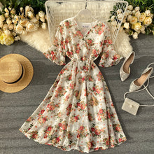 Load image into Gallery viewer, YuooMuoo New 2020 Women Chiffon Dress Summer Flower Elegant Drawstring Flare Sleeve Dress Ladies Bohemian High Waist Midi Dress