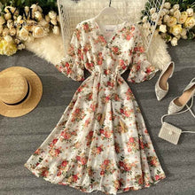 Load image into Gallery viewer, YuooMuoo New 2020 Women Chiffon Dress Summer Flower Elegant Drawstring Flare Sleeve Dress Ladies Bohemian High Waist Midi Dress