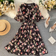 Load image into Gallery viewer, YuooMuoo New 2020 Women Chiffon Dress Summer Flower Elegant Drawstring Flare Sleeve Dress Ladies Bohemian High Waist Midi Dress