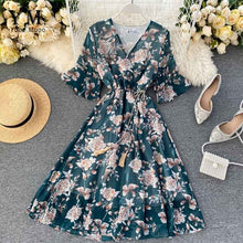 Load image into Gallery viewer, YuooMuoo New 2020 Women Chiffon Dress Summer Flower Elegant Drawstring Flare Sleeve Dress Ladies Bohemian High Waist Midi Dress