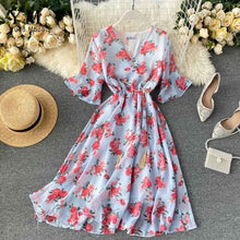 Load image into Gallery viewer, YuooMuoo New 2020 Women Chiffon Dress Summer Flower Elegant Drawstring Flare Sleeve Dress Ladies Bohemian High Waist Midi Dress
