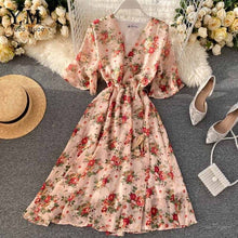 Load image into Gallery viewer, YuooMuoo New 2020 Women Chiffon Dress Summer Flower Elegant Drawstring Flare Sleeve Dress Ladies Bohemian High Waist Midi Dress