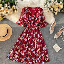 Load image into Gallery viewer, YuooMuoo New 2020 Women Chiffon Dress Summer Flower Elegant Drawstring Flare Sleeve Dress Ladies Bohemian High Waist Midi Dress