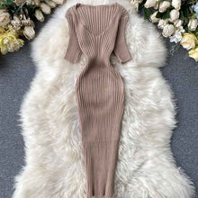 Load image into Gallery viewer, YuooMuoo Deep V-neck Sexy Slim Bodycon Dress Women Summer Short Sleeve Knit Dress Work Wear Sheath Elegant Ladies Office Dress
